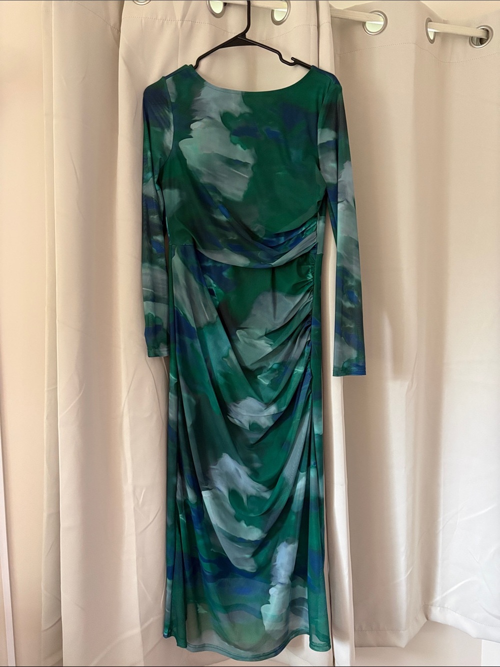 SHEIN L Green Blue Print Long-Sleeve Draped Midi Dress